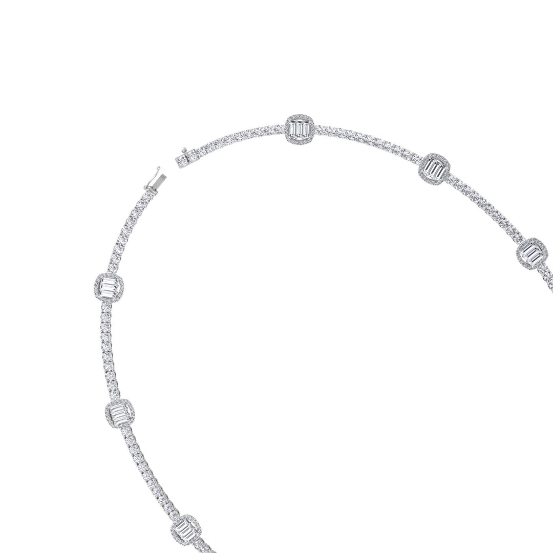 Emerald Shape Halo Station Natural Diamond Tennis Necklace in 14K Solid Gold White Gold 14K