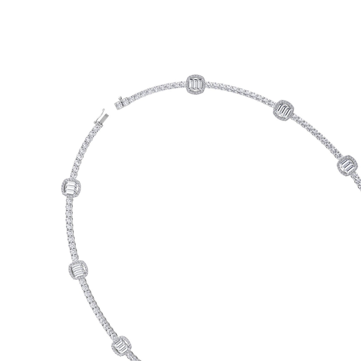 Emerald Shape Halo Station Natural Diamond Tennis Necklace in 14K Solid Gold White Gold 14K