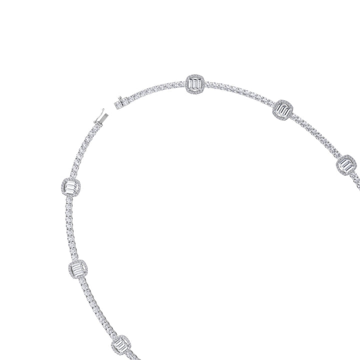 Emerald Shape Halo Station Natural Diamond Tennis Necklace in 14K Solid Gold White Gold 14K