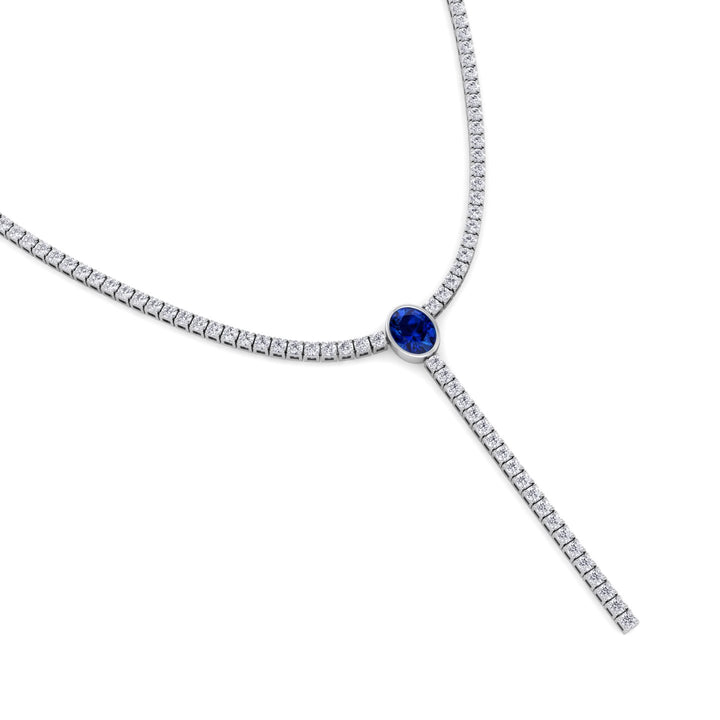 10.50CT T.W Round Natural Diamond Lariat Tennis Necklace with Natural Blue Sapphire Centerpiece