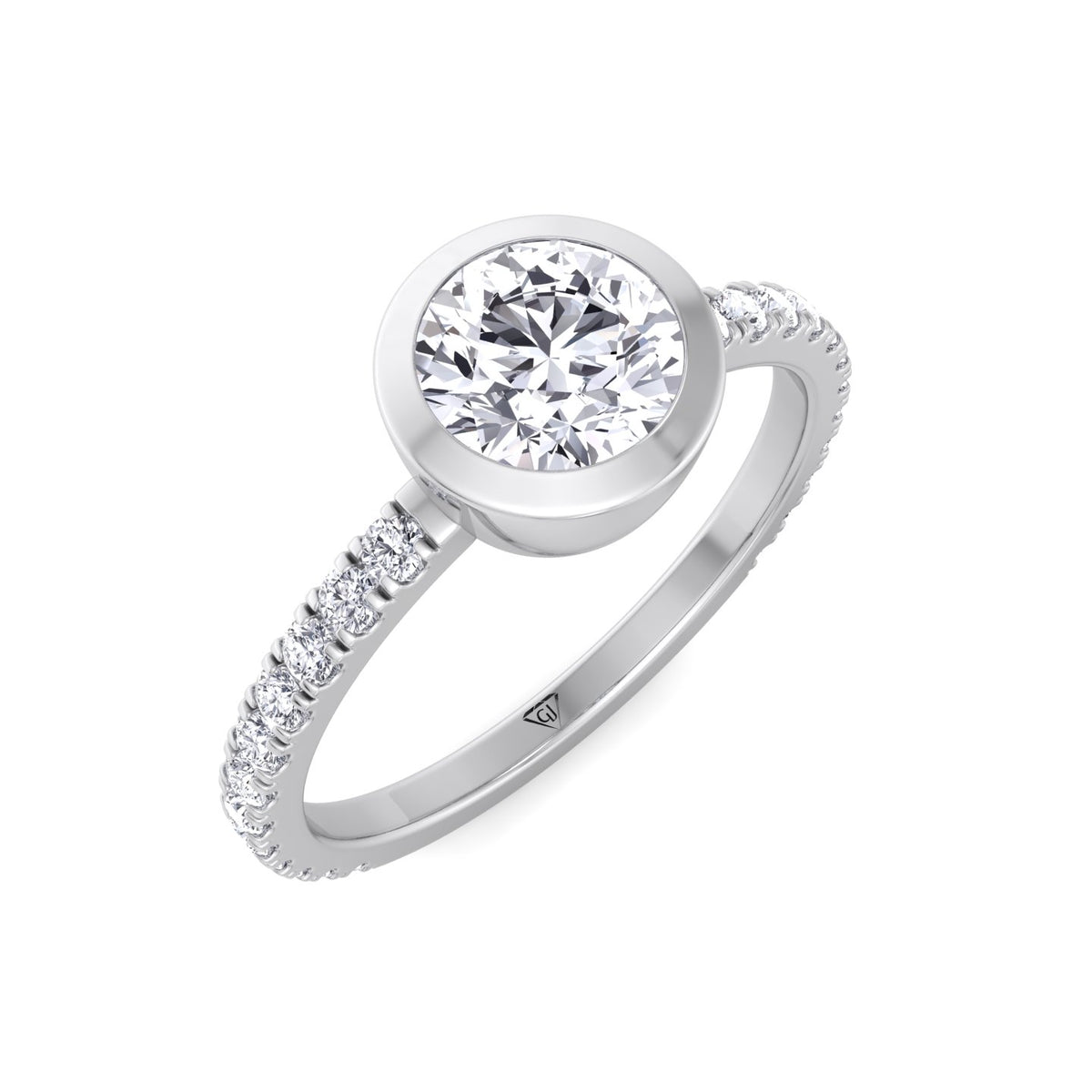 Monza - Round Bezel Set Engagement Ring with Pave Band - Gem Jewelers Co