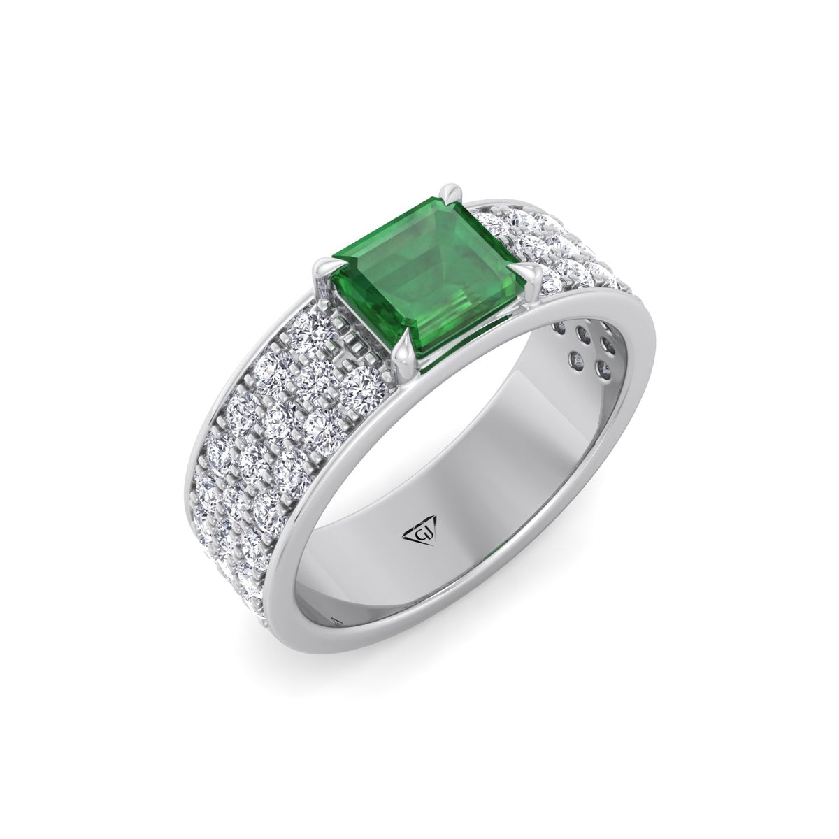 Natural Green Emerald Cushion Cut with Pave Eternity Band WG 2