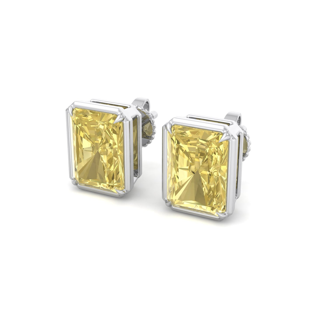 Natural Fancy Yellow Radiant Cut Diamond Studs White Gold 18K