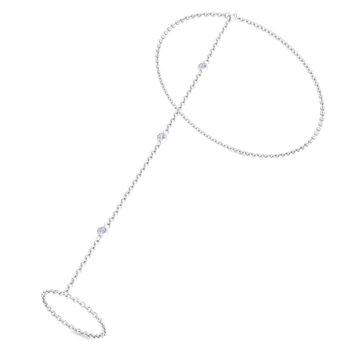 Bezel Set Round Shape Natural Diamond Hand Ring Chain White Gold 14K
