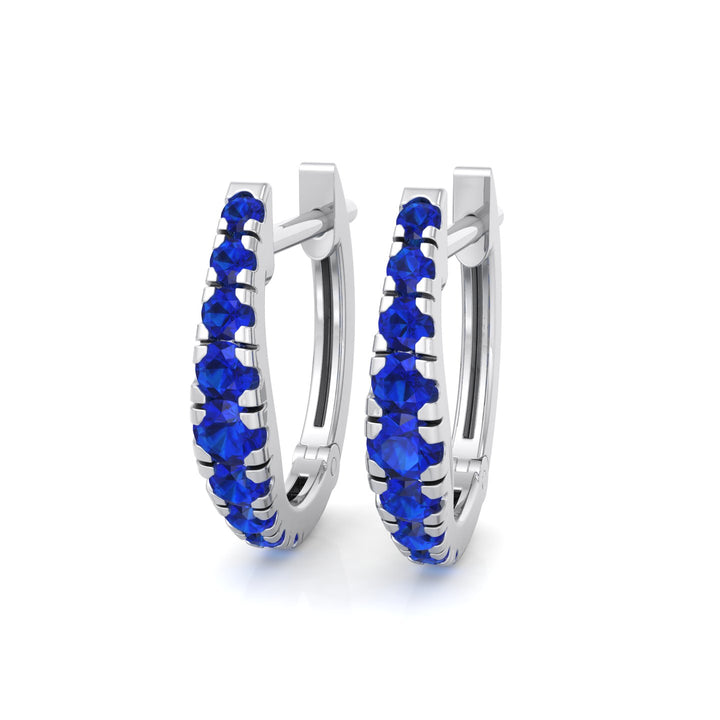 Natural Blue Sapphire Graduated Round Shape Huggie Hoop Earrings  WG