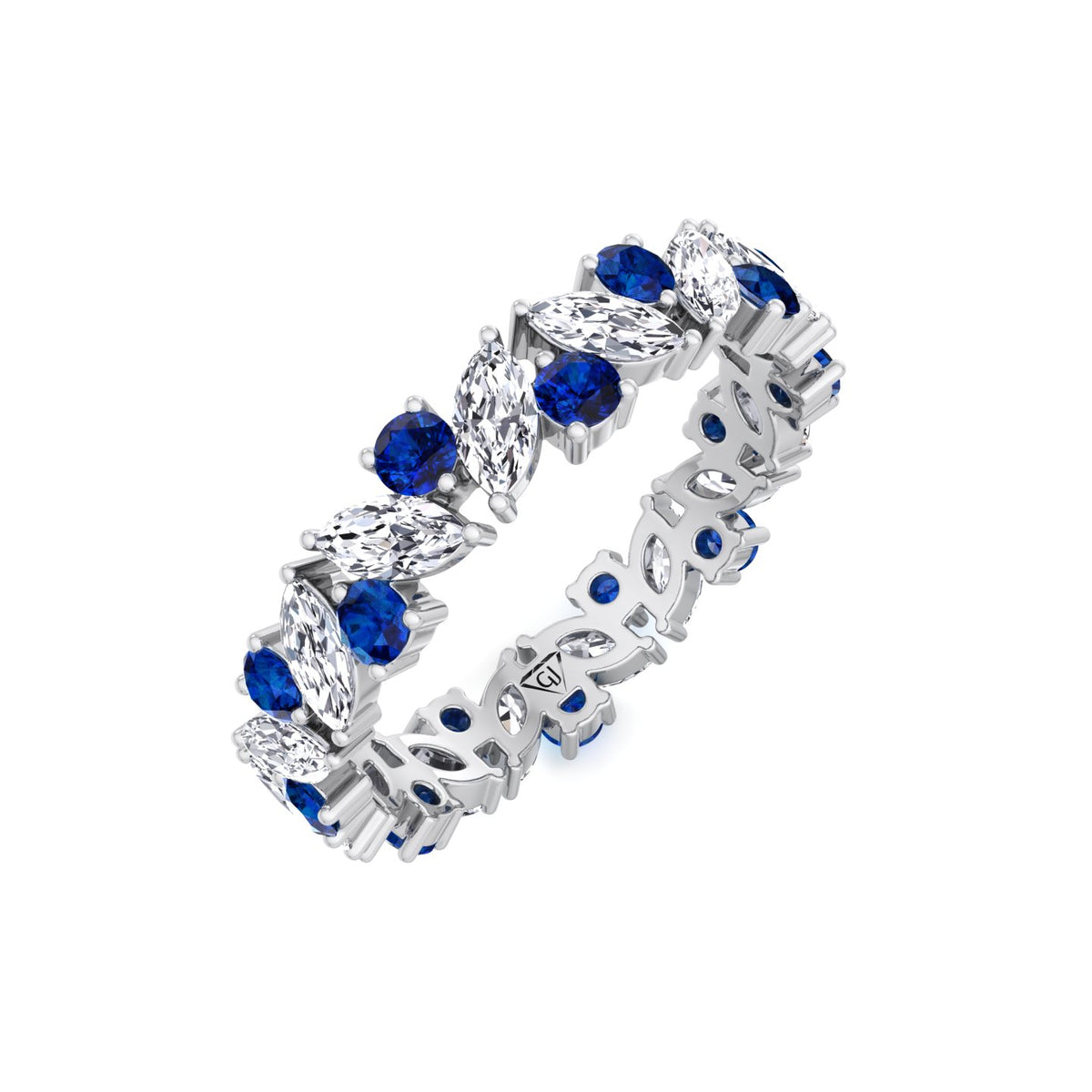 Round Natural Blue Sapphire and Marquise-Cut Natural Diamond Eternity Band WG