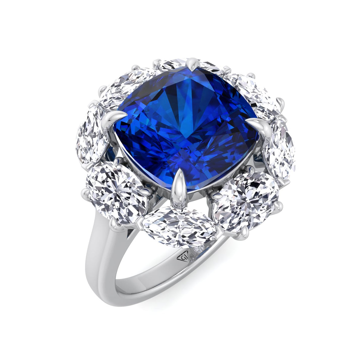 Valeria - Cushion Shape Blue Sapphire Engagement Ring With Oval and Marquise Diamond Side Stones - Gem Jewelers Co