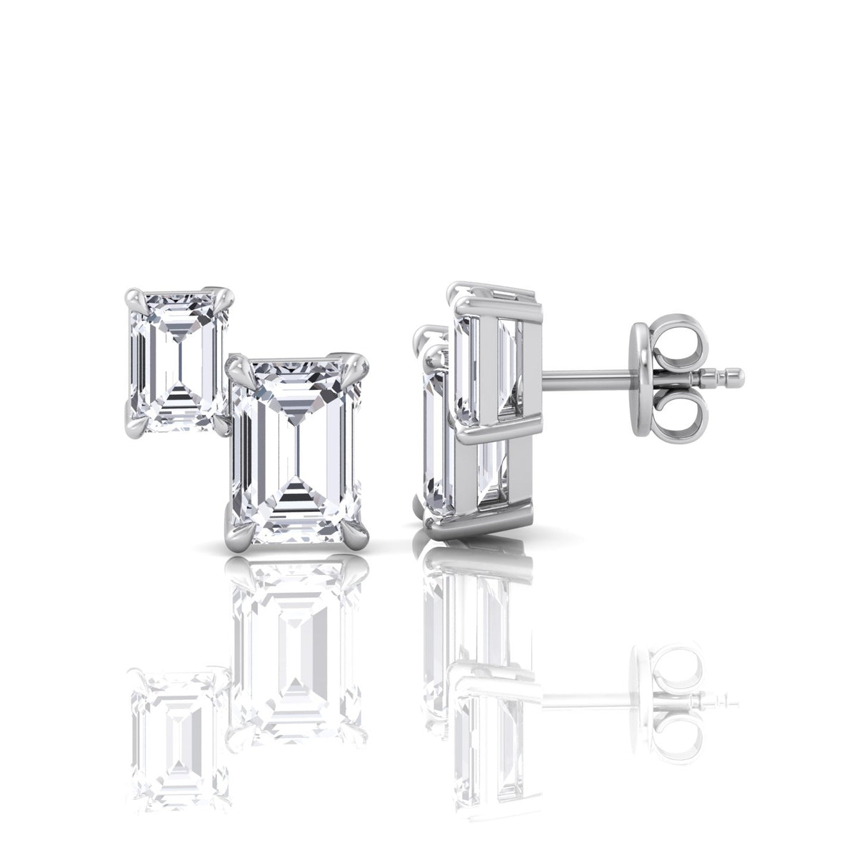 Double Emerald Shape Natural Diamond Studs-14K-18K-Platinum