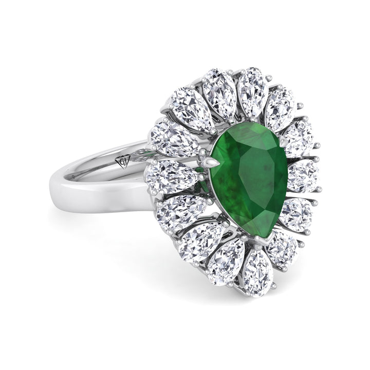 Sabrina - Pear Shape Green Emerald Engagement Ring with Pear Shape Diamond Halo