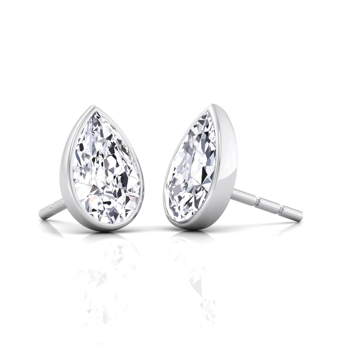 Bezel Set Pear Shape Natural Diamond Studs-0.5CT-1CT-2CT-White Gold