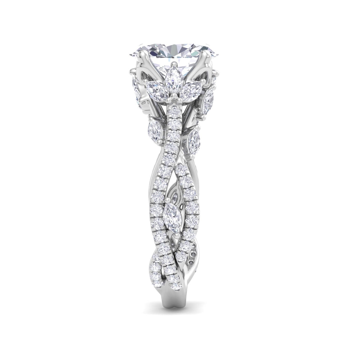 Fiorella - Oval Shape Diamond Engagement Ring with Marquise Shape Side stones and Twisted Pave Band - Gem Jewelers Co