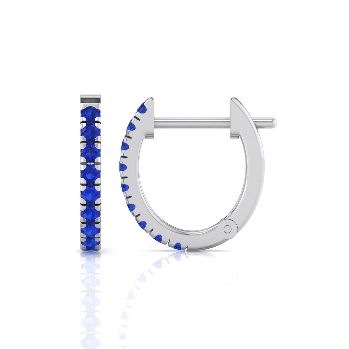 Natural Blue Sapphire Round Shape Huggie Hoop Earrings White Gold 18K 