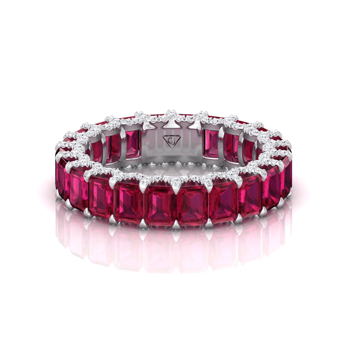 Emerald Cut Natural Red Ruby Eternity Band with Invisible Halo