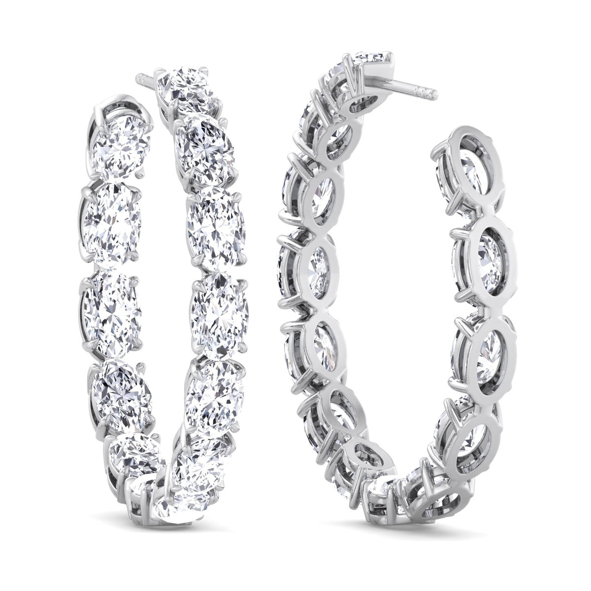 Inside Out Oval Natural Diamond Hoop Earring 1.25” White Gold 14K