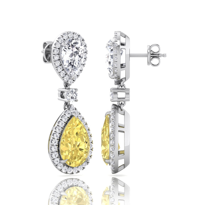 Pear & Round Cut Natural Diamond & Fancy Yellow Diamond Halo Drop Earrings