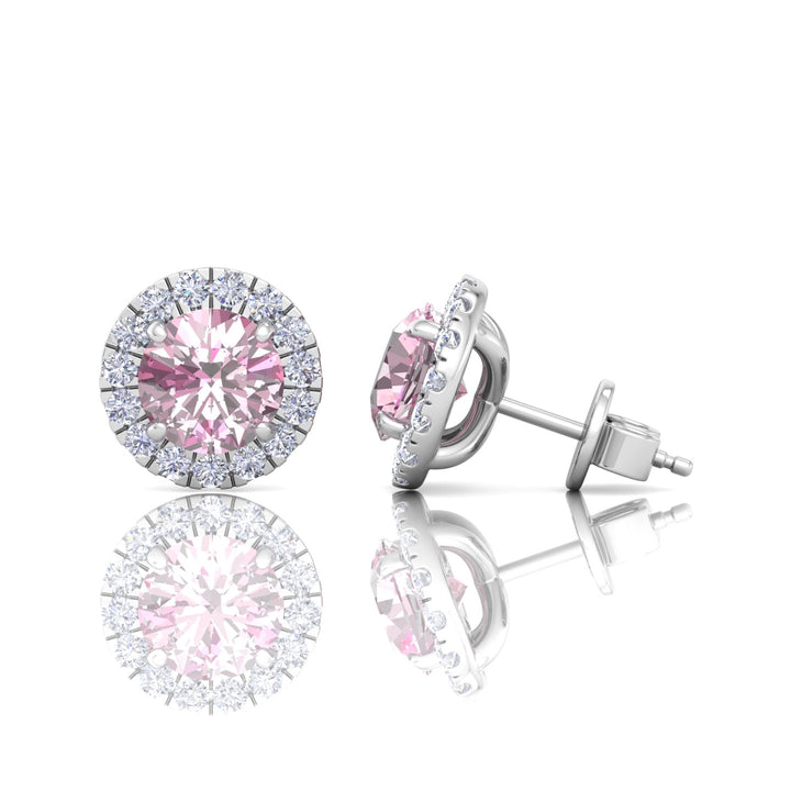 Round Shape Natural Pink Sapphire & Diamond Halo Studs