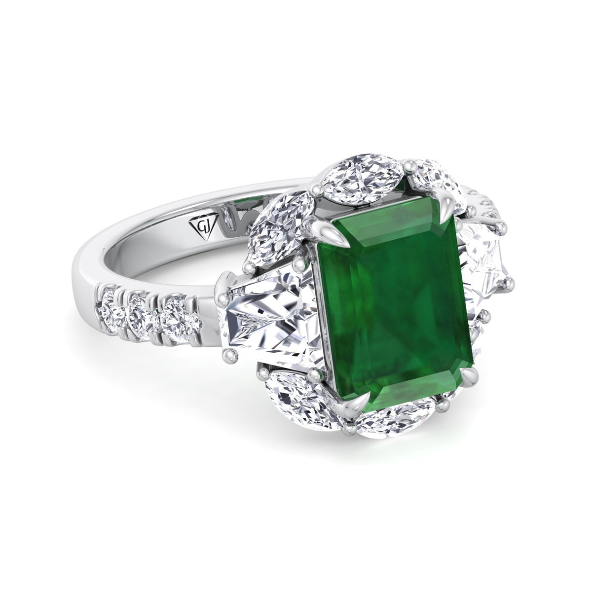 Anzola - Emerald Shape Green Emerald Engagement Ring with Marquise, Trapezoid, and Round Side Stones - Gem Jewelers Co