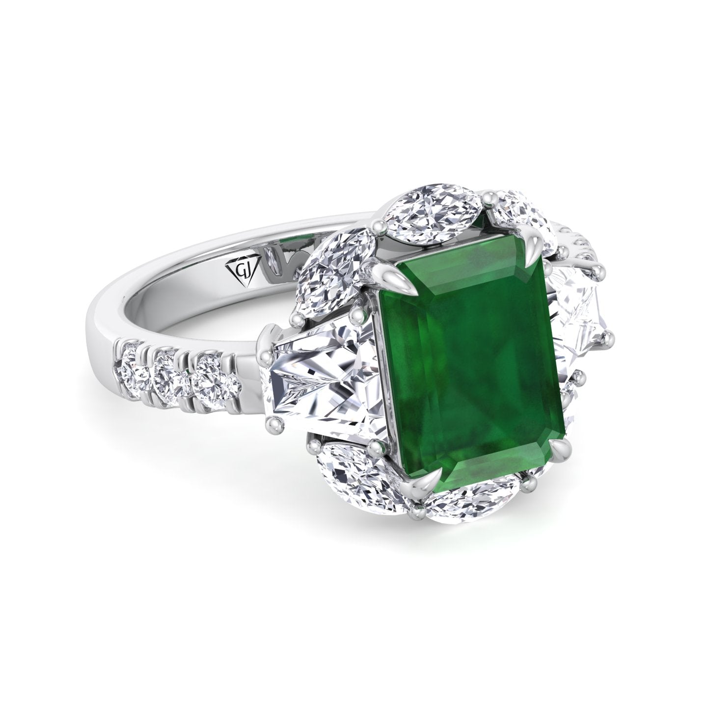 Anzola - Emerald Shape Green Emerald Engagement Ring with Marquise, Trapezoid, and Round Side Stones - Gem Jewelers Co