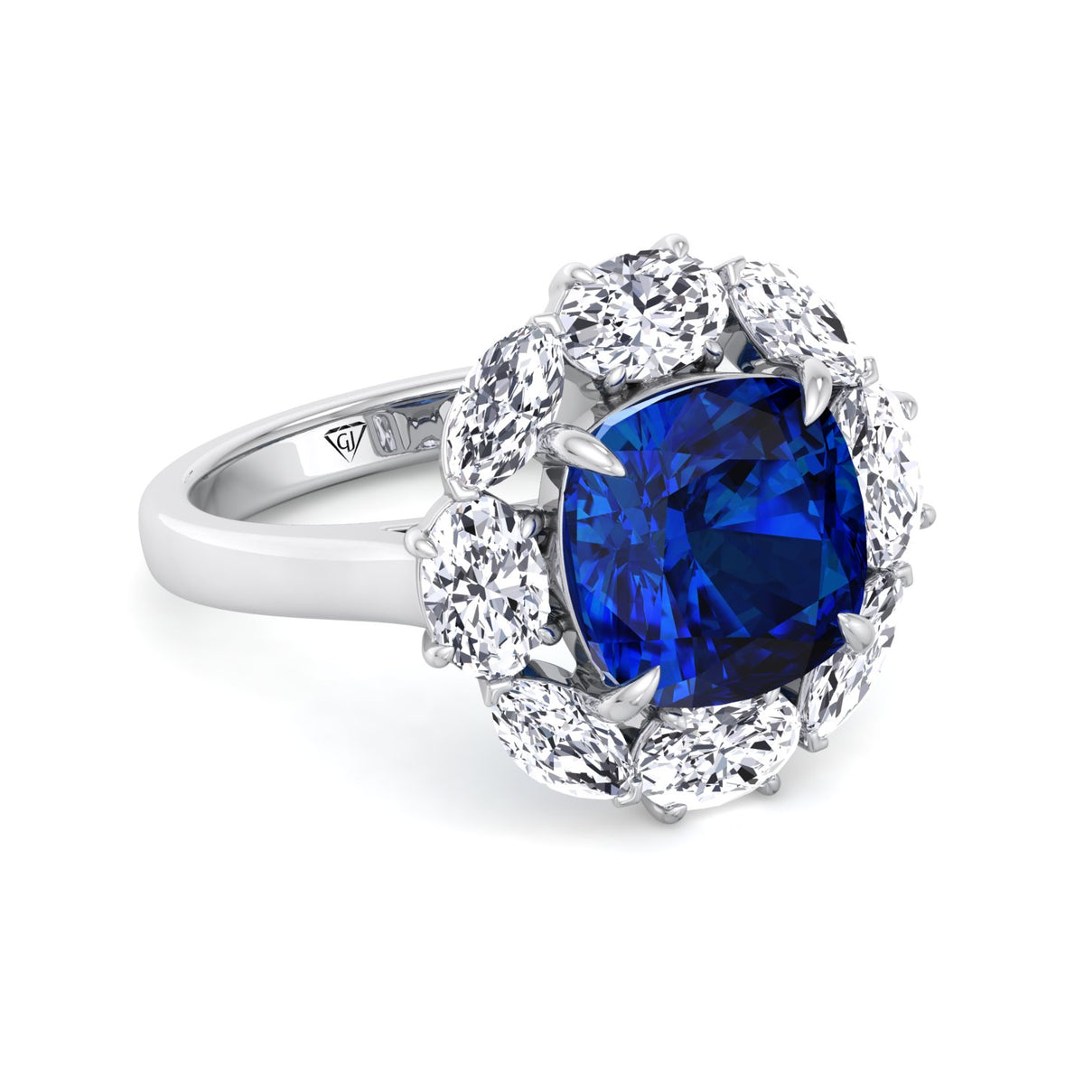 Valeria - Cushion Shape Blue Sapphire Engagement Ring With Oval and Marquise Diamond Side Stones - Gem Jewelers Co
