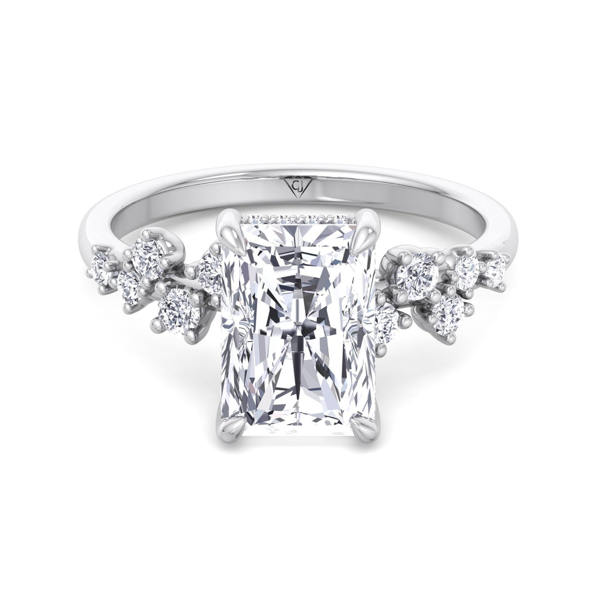 Carmela - Radiant Shape Hidden Halo Diamond Engagement Ring With Clustered Side Stones - Gem Jewelers Co
