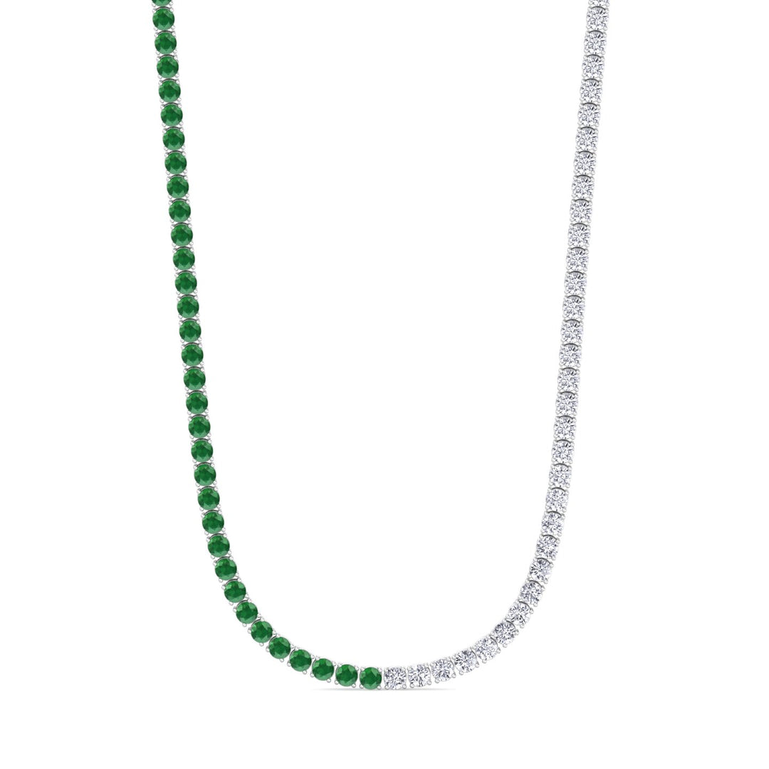 Natural Half Green Emerald and Diamond Tennis Necklace White Gold 18K