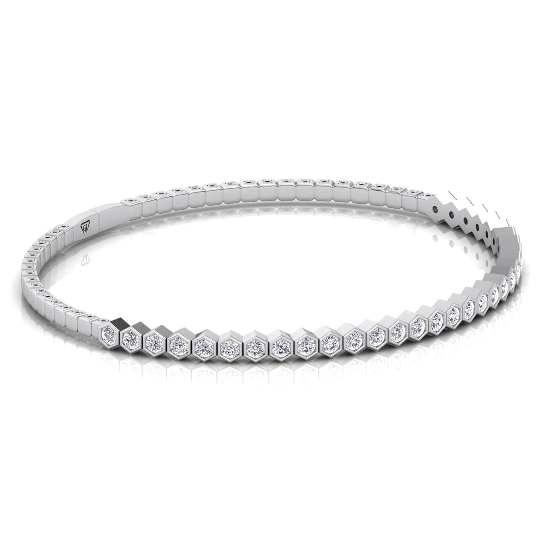 Hexagonal Bezel Set Natural Diamond Flexible Bangle White Gold 14K