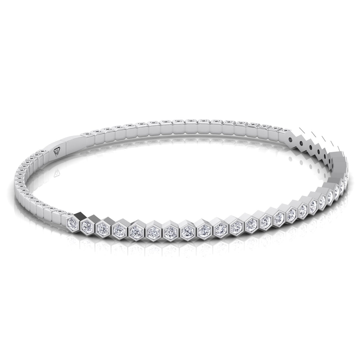 Hexagonal Bezel Set Natural Diamond Flexible Bangle White Gold 14K