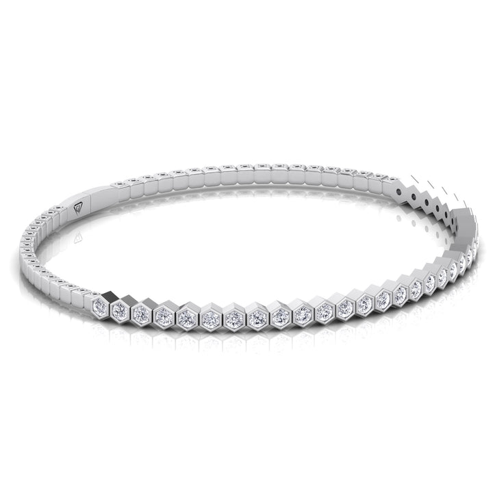 Hexagonal Bezel Set Natural Diamond Flexible Bangle White Gold 14K