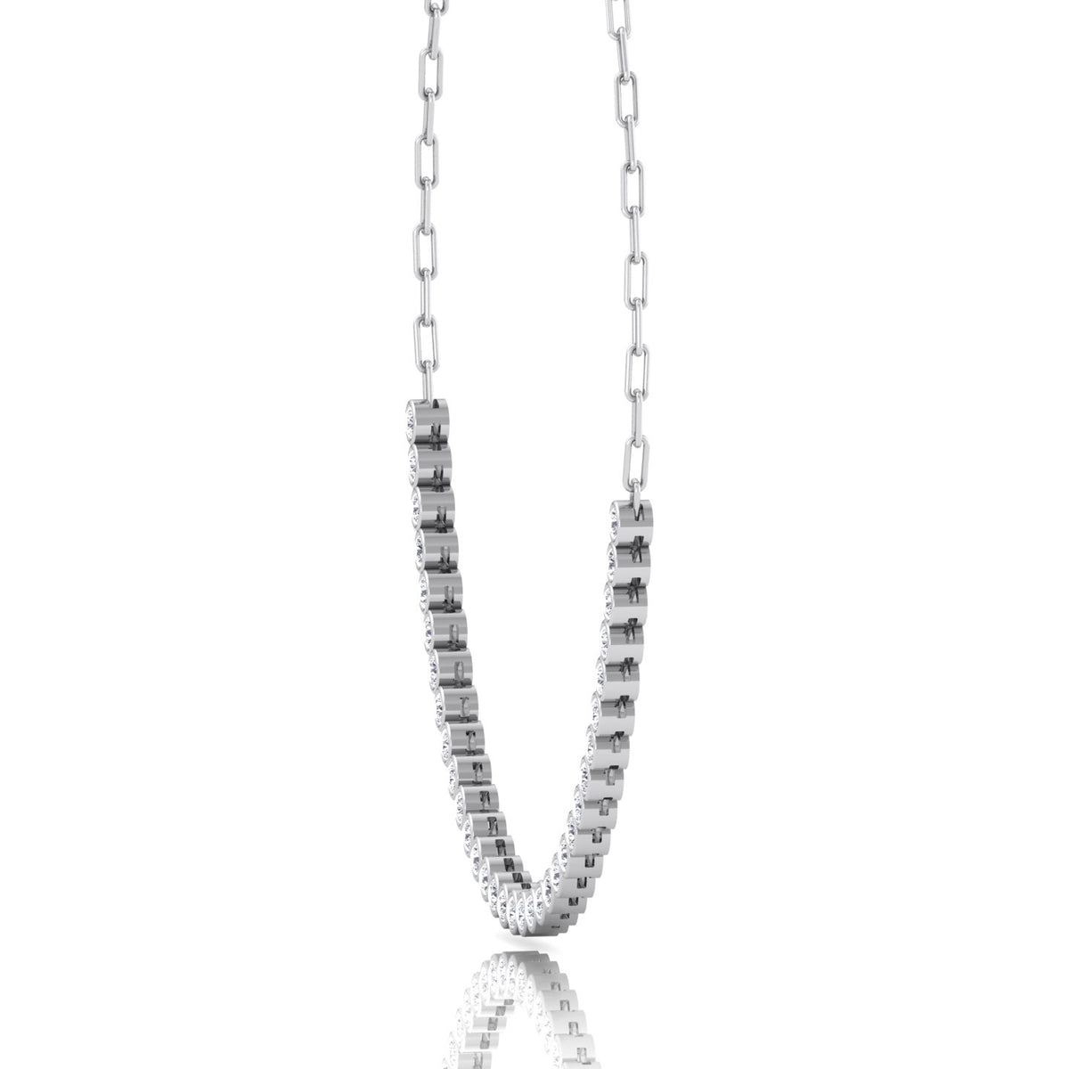 Paper Clip and Bezel Set Diamond Tennis Necklace-14K- All White Gold