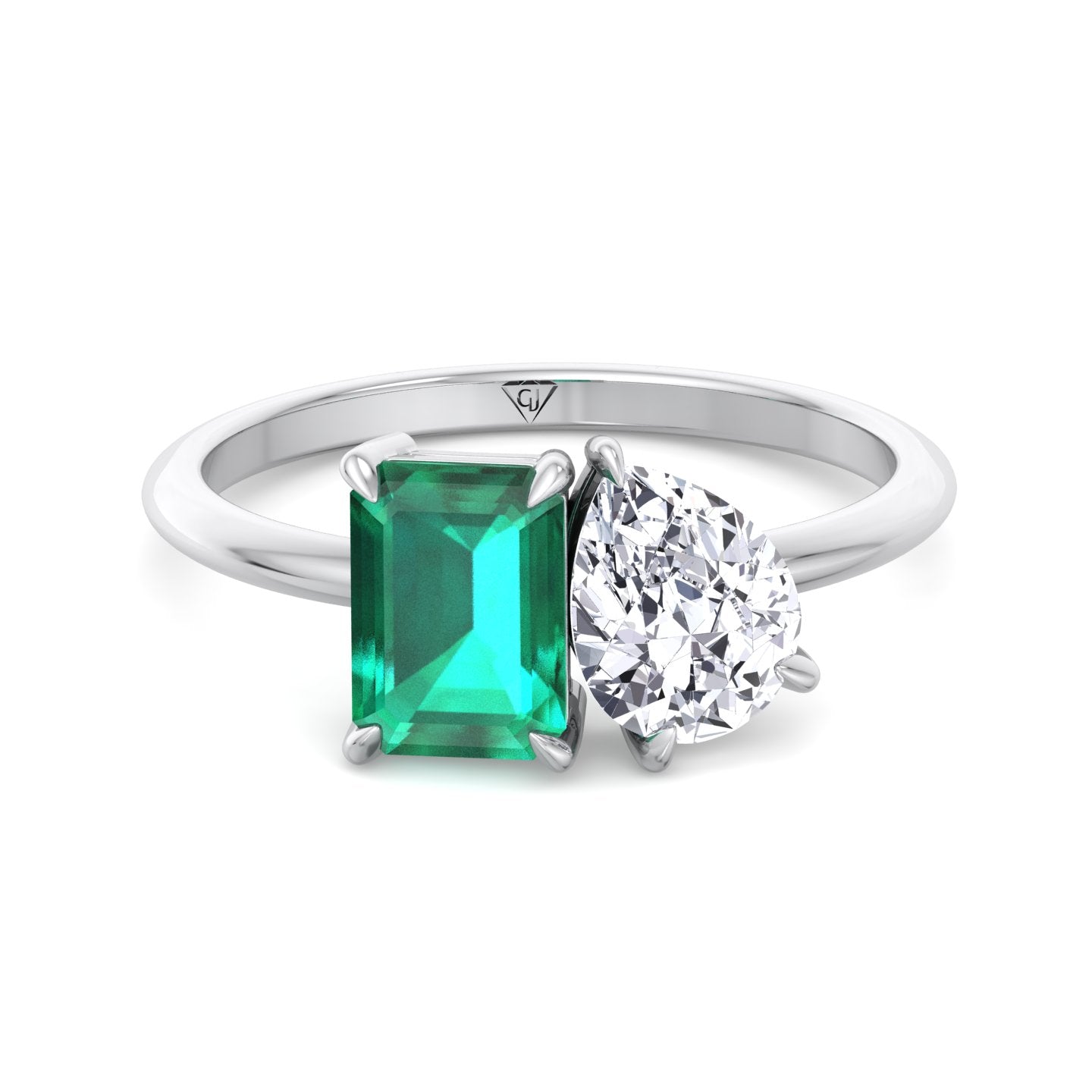 Demi - Toi et Moi Green Emerald & Pear Cut Diamond Engagement Ring - Gem Jewelers Co