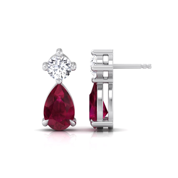 Natural Round Shape Diamond & Pear Shape Red Ruby Drop Earrings