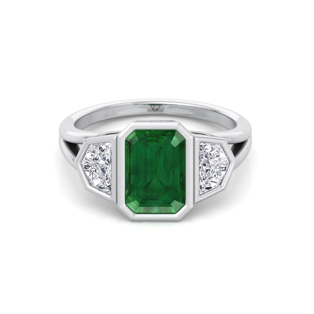 Bezel Set Natural Emerald Shape Green Emerald with Half Moon Diamond Sidestones Engagement Ring White Gold 18K