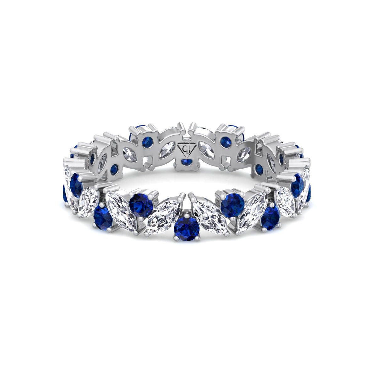 Round Natural Blue Sapphire and Marquise-Cut Natural Diamond Eternity Band WG 3