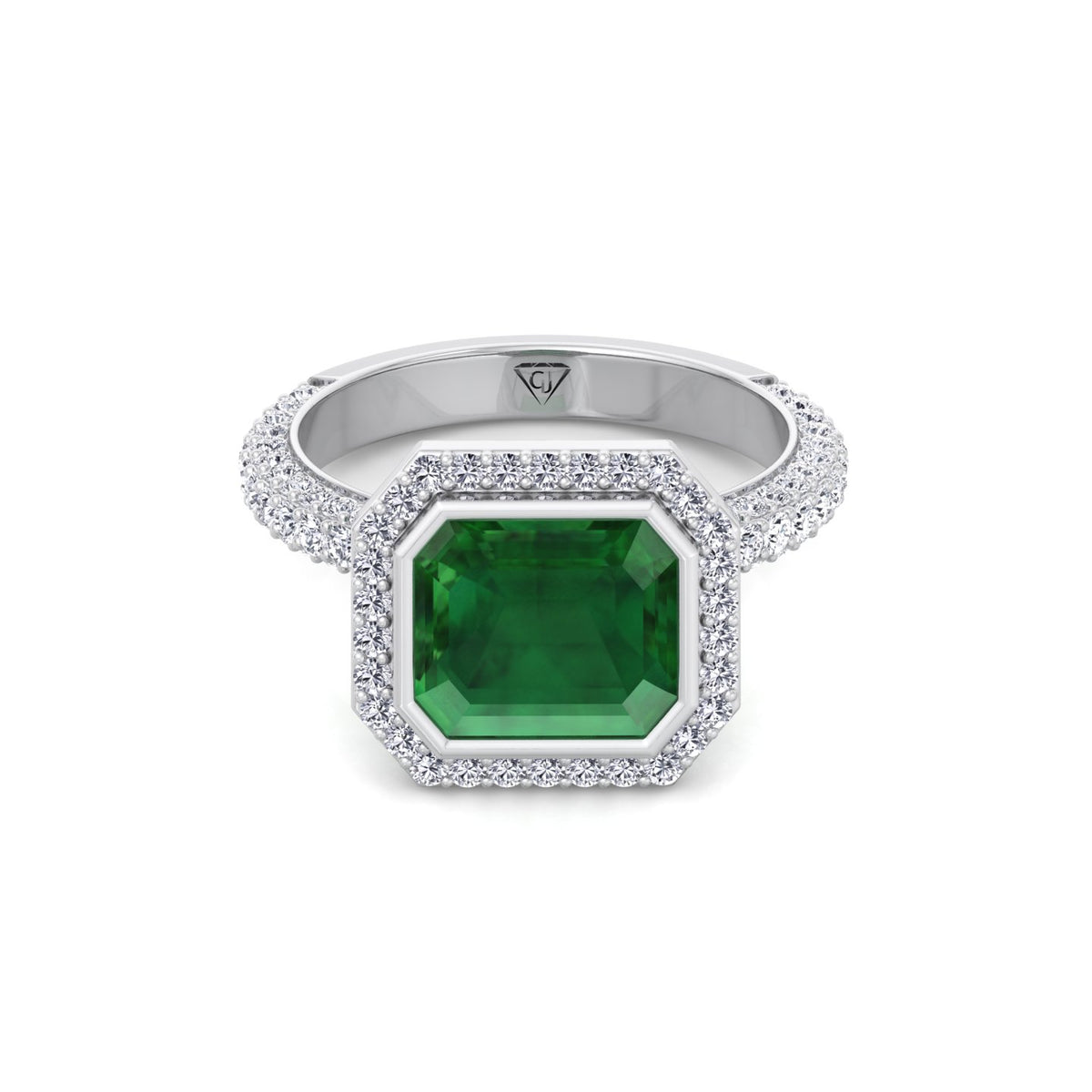Natural Green Emerald Halo Engagement Ring With Pave Band WG 4