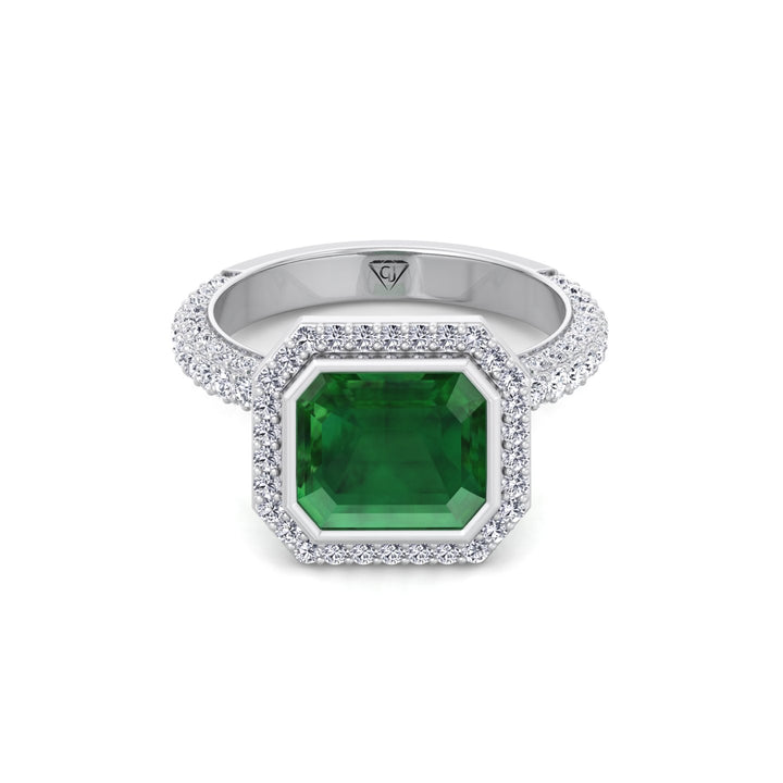 Natural Green Emerald Halo Engagement Ring With Pave Band WG 4