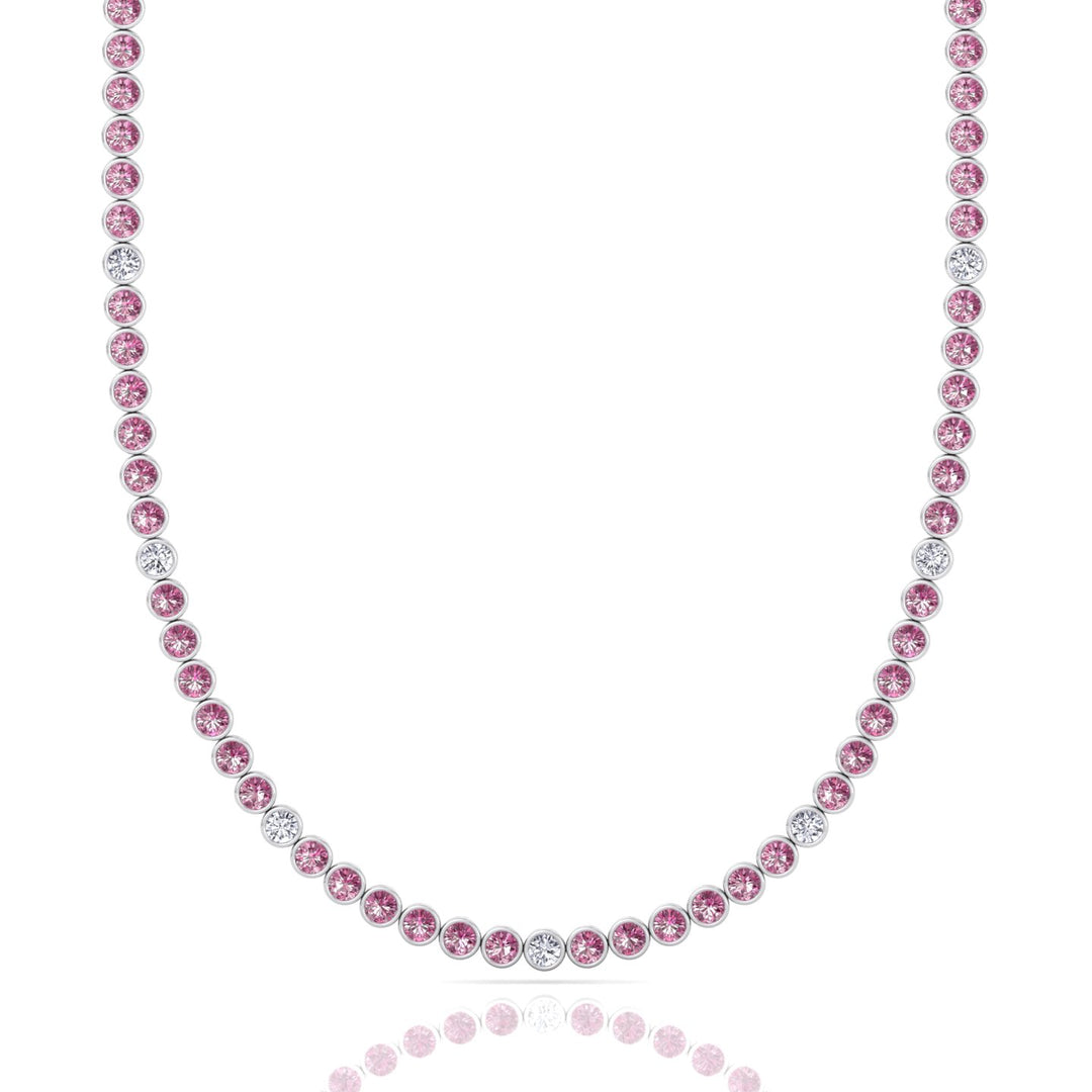 Bezel Set Natural Pink Sapphire Tennis Necklace with Diamonds
 White Gold 