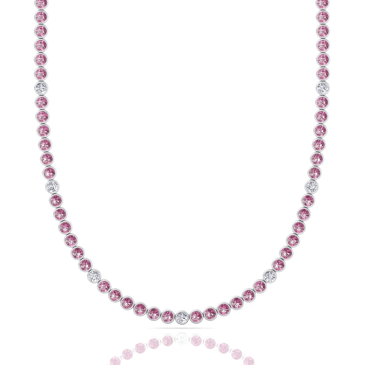 Bezel Set Natural Pink Sapphire Tennis Necklace with Diamonds
 White Gold 