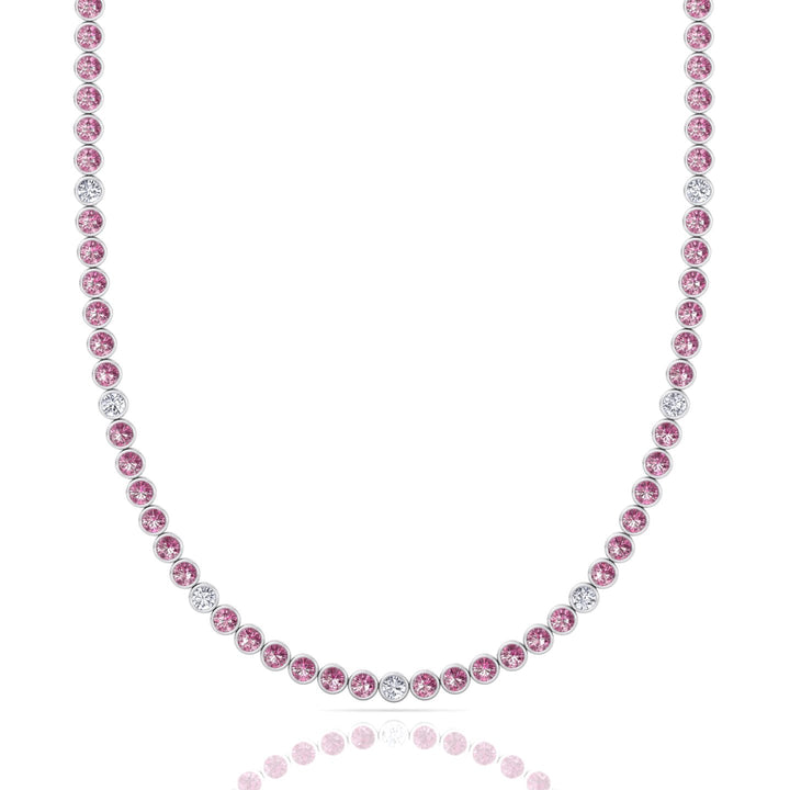 Bezel Set Natural Pink Sapphire Tennis Necklace with Diamonds
 White Gold 