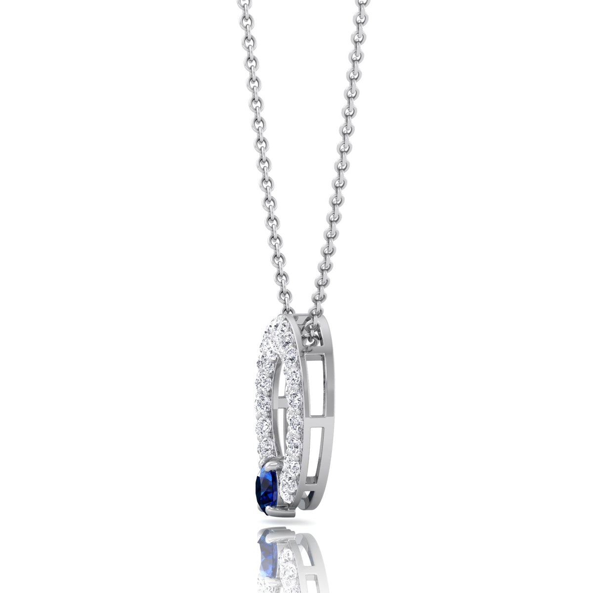 Round Shape Natural Diamond & Blue Sapphire Open Circle Pendant-1.25CT-14K-White Gold