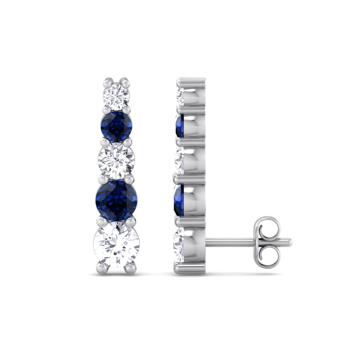 Graduated Natural Diamond and Blue Sapphire Climber Earrings-3CT-White Gold