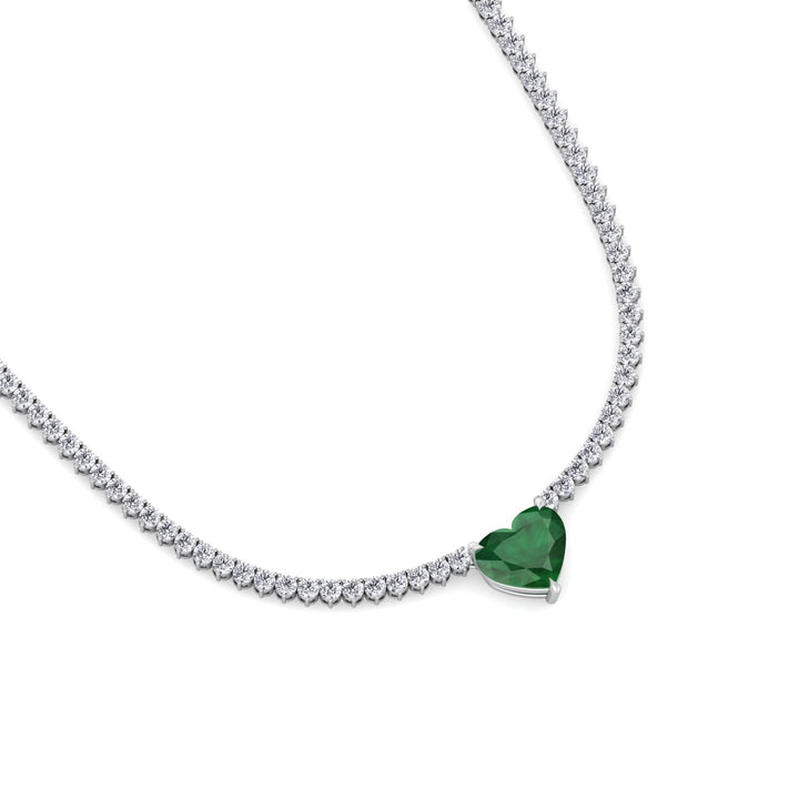  3-Prong Tennis Necklace with Green Emerald Heart Shape Pendant WG 4