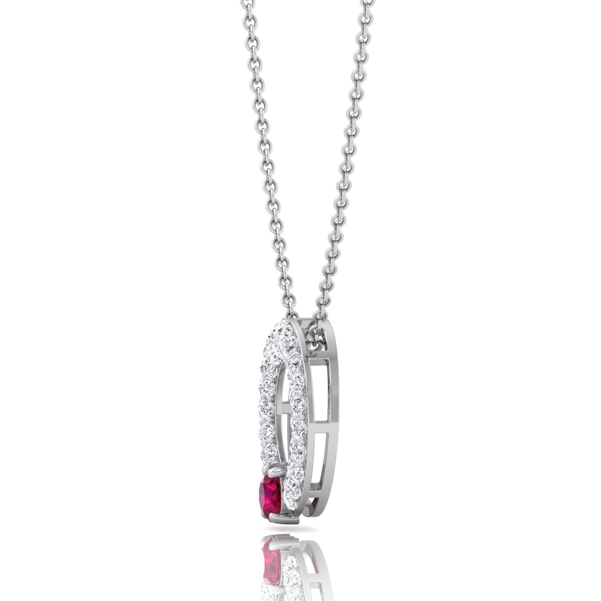 Round Shape Natural Diamond & Red Ruby Open Circle Pendant-1.25CT--18K-White Gold