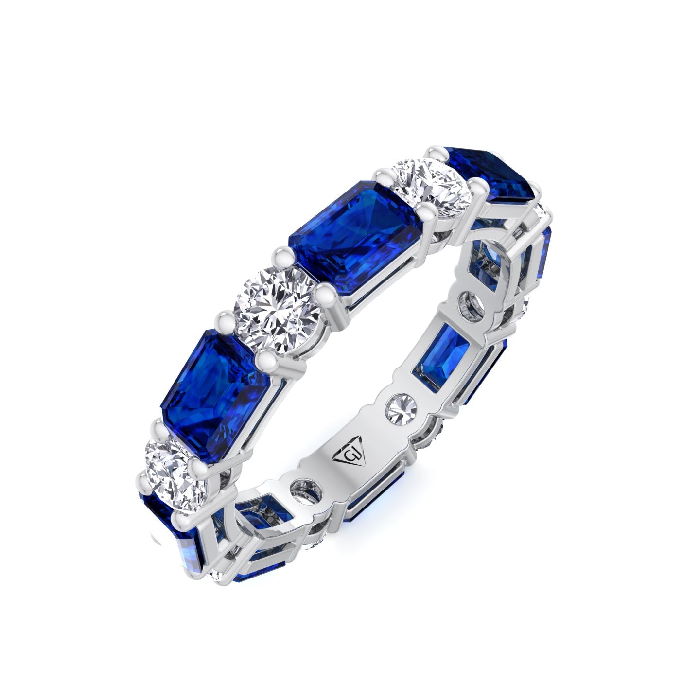 Alternating Natural Emerald Shape Blue Sapphire and Round Shape Diamond Eternity Band White Gold 14K 18K