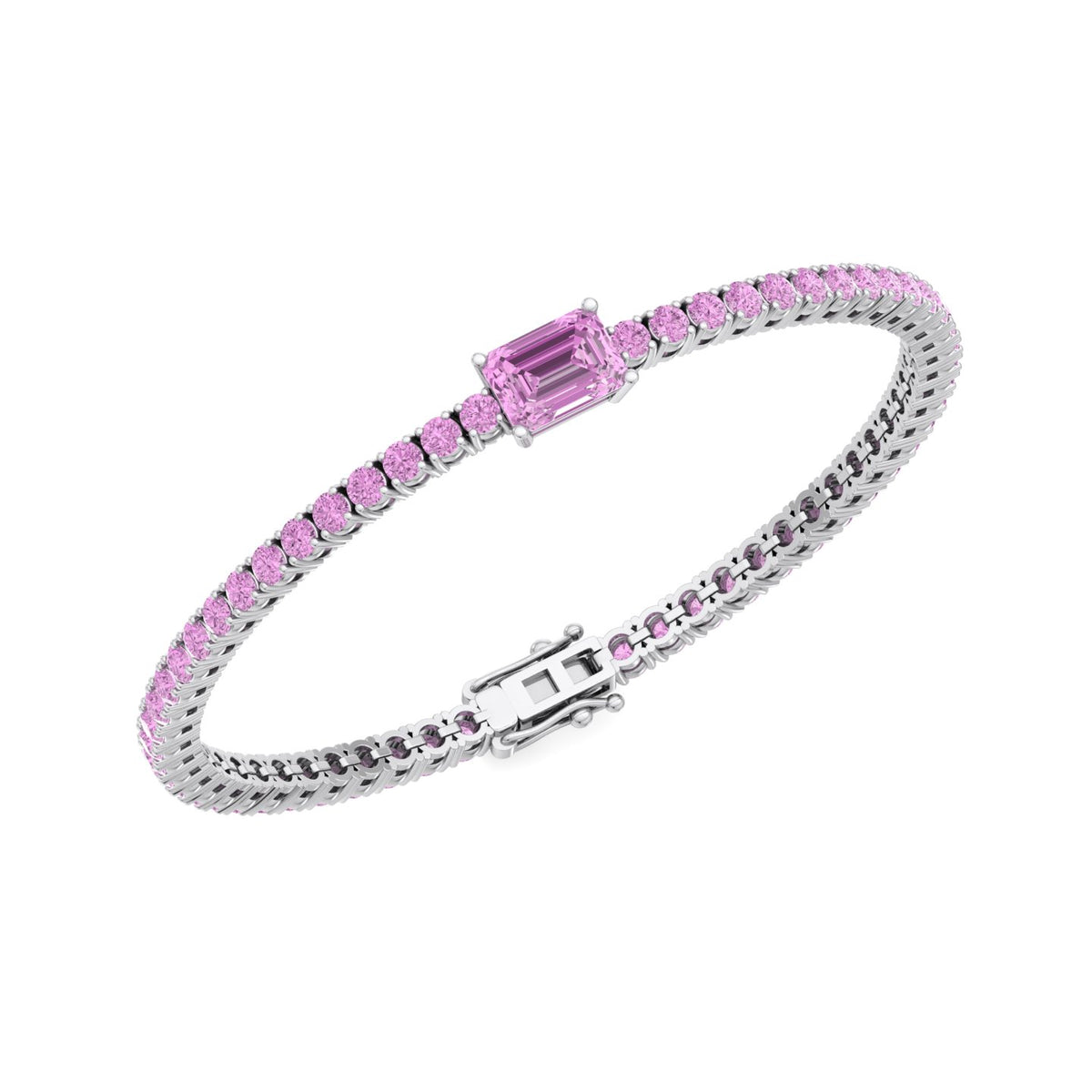 Pierra - Single Stone Emerald Shape Natural Pink Sapphire Tennis Bracelet - Gem Jewelers Co