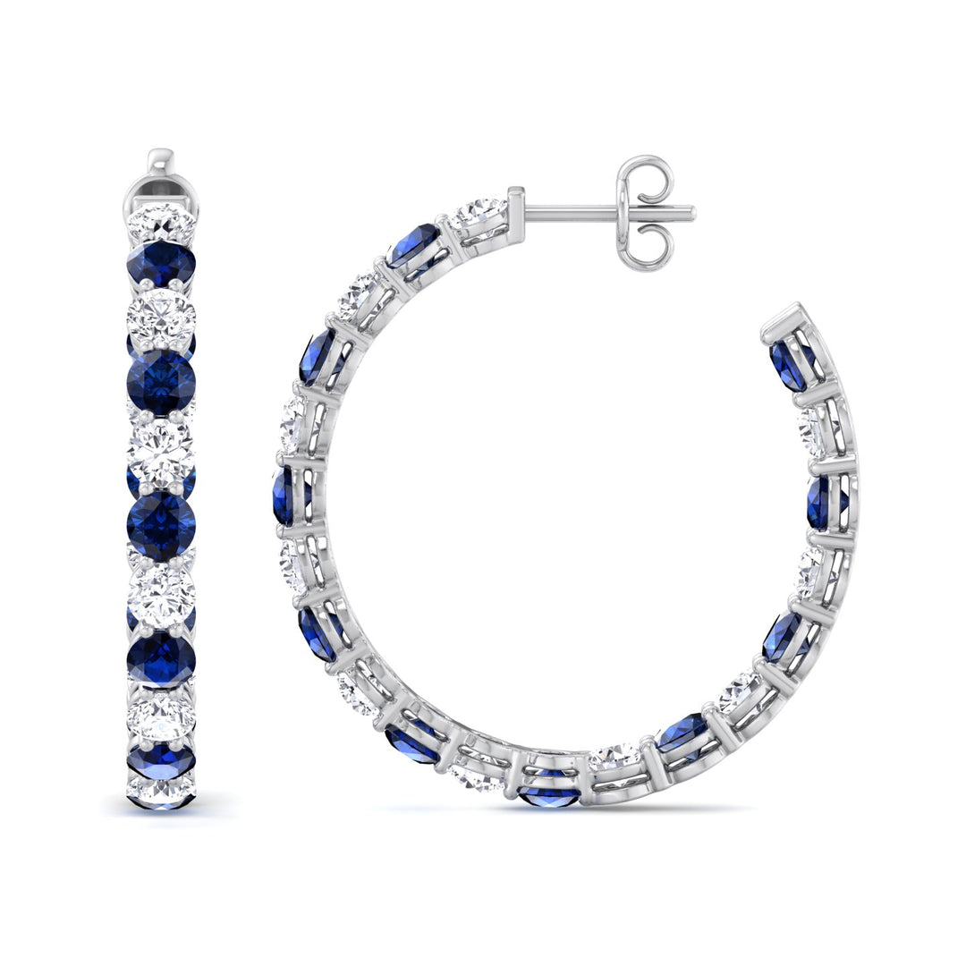Alternating Natural Blue Sapphire and Diamond Inside Out Hoop Earrings White Gold