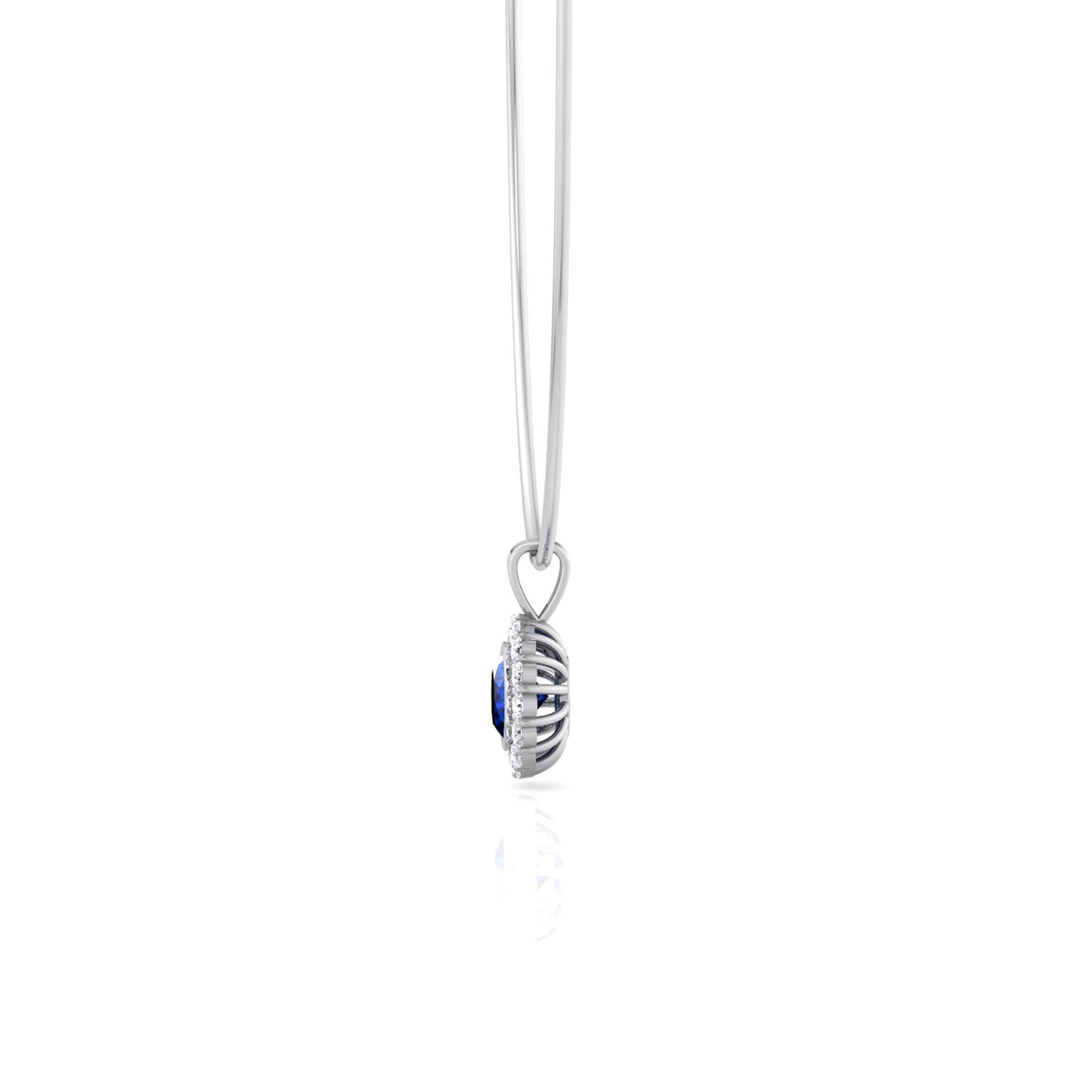 Oval Shape Natural Blue Sapphire and Diamond Halo Pendant in Omega Chain White Gold