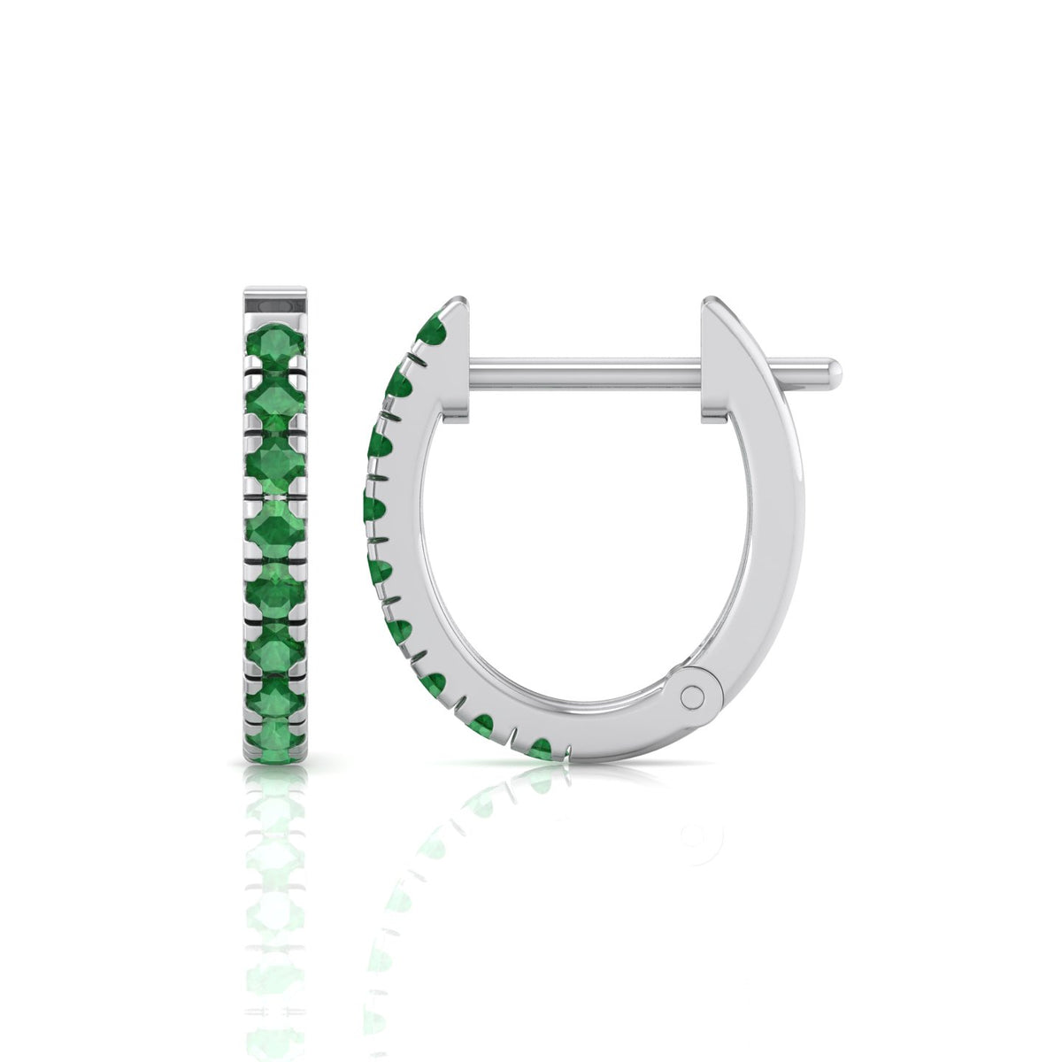Natural Green Emerald Round Shape Huggie Hoop Earrings White Gold 14K 1