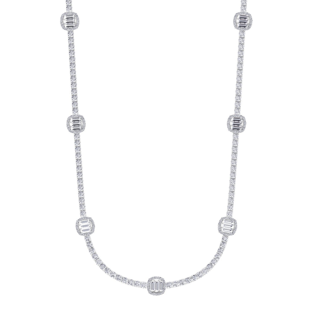 Emerald Shape Halo Station Natural Diamond Tennis Necklace in 14K Solid Gold White Gold