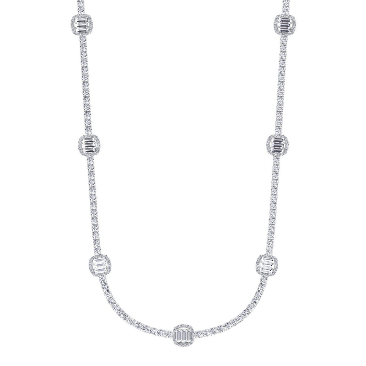 Emerald Shape Halo Station Natural Diamond Tennis Necklace in 14K Solid Gold White Gold