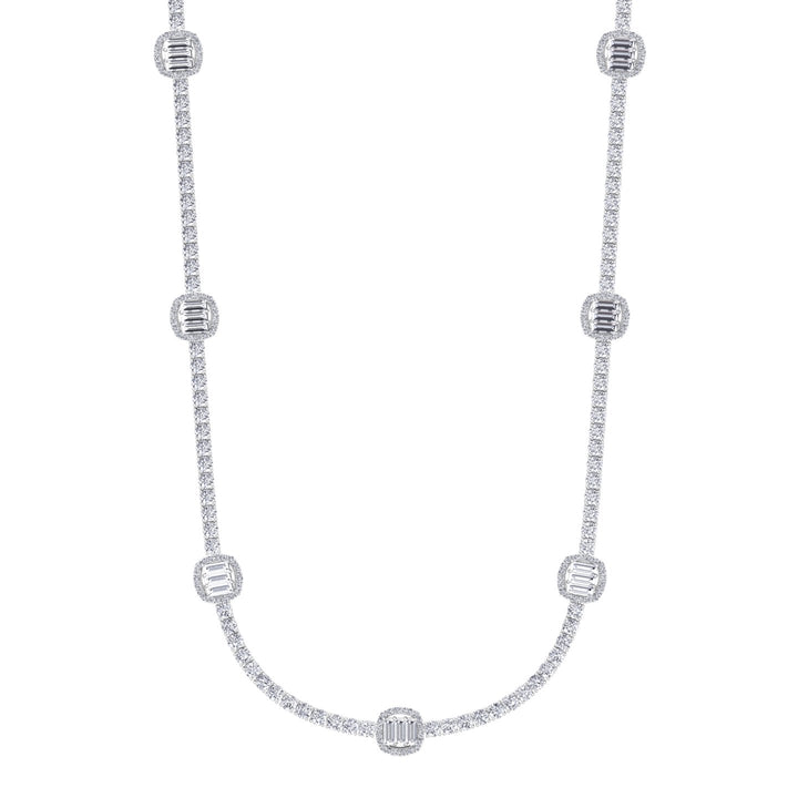 Emerald Shape Halo Station Natural Diamond Tennis Necklace in 14K Solid Gold White Gold